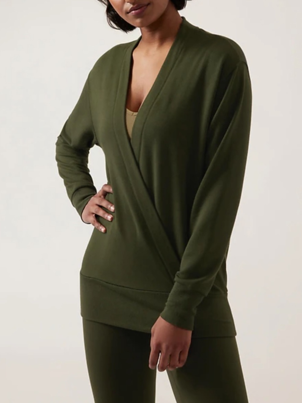 Athleta Aspen Olive Purana V Neck Wrap Sweatshirt